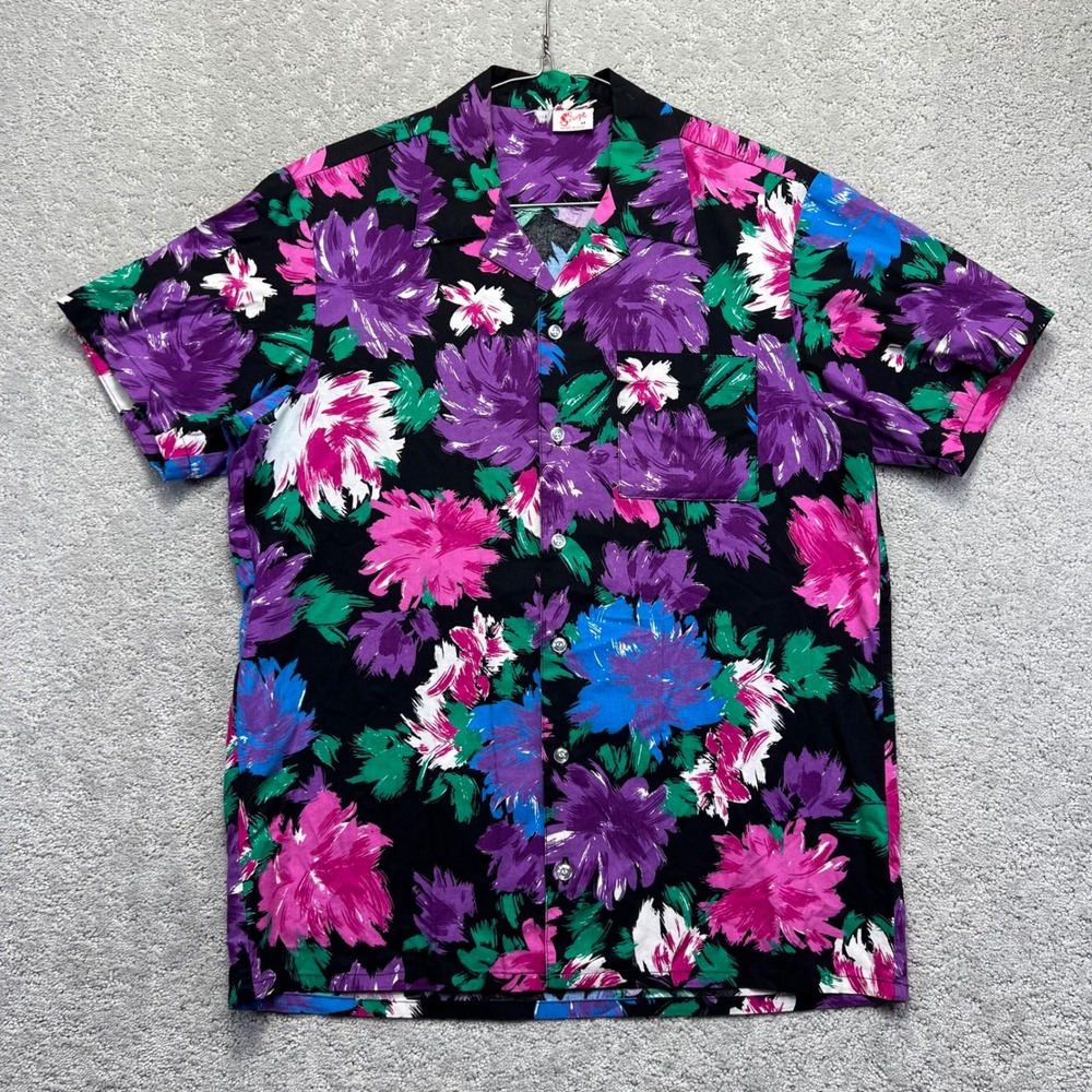VINTAGE‎ Scorpio Hawaiian Shirt Mens Medium Floral Button Up Cotton Made in USA